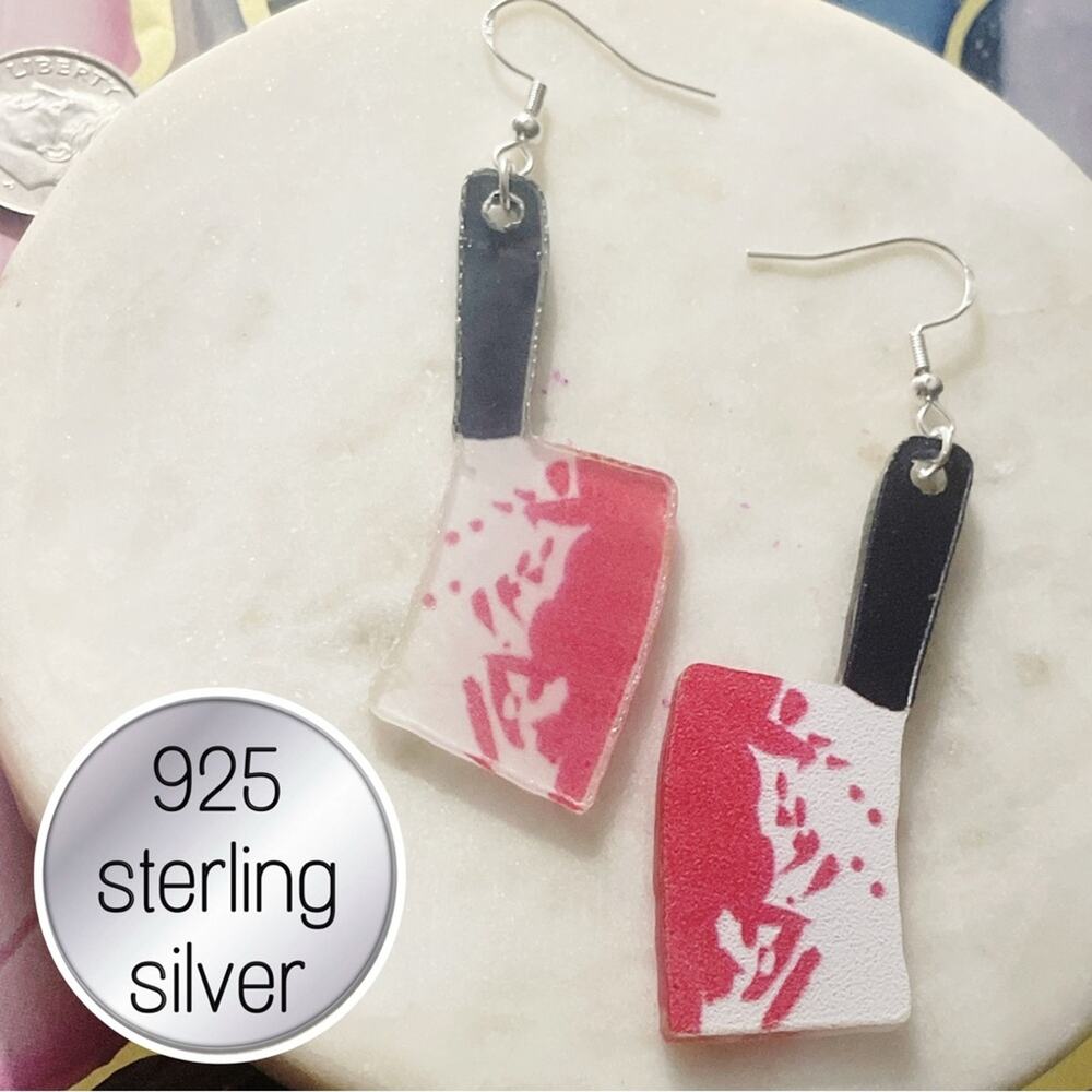 Red and Black meat Cleaver Earrings bloody horror Halloween 925 sterling silver